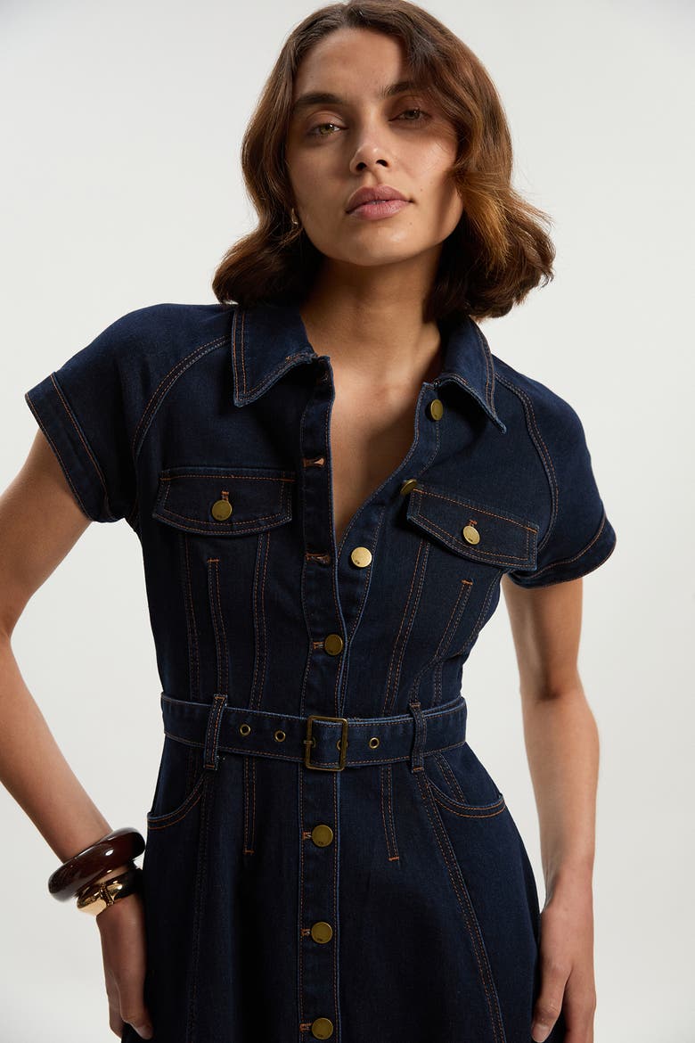 Petite Denim Corset Midi Dress, Alternate, color, Dark Blue
