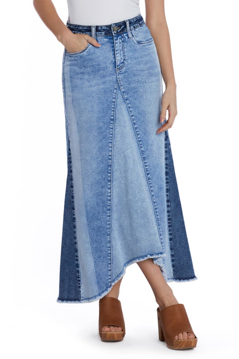 Patchwork Denim Maxi Skirt, Main, color, PATCH BLUES