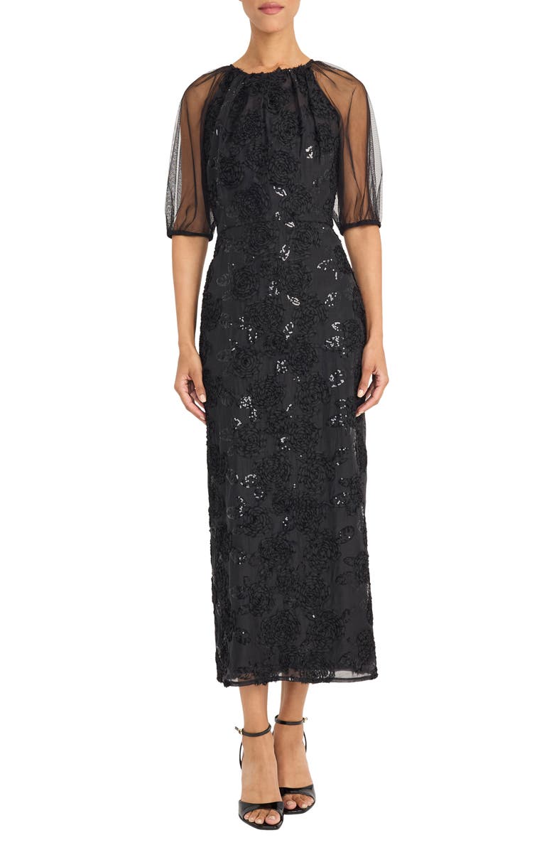 Maggy London Sequin Floral Cocktail Sheath Dress, Main, color, Black