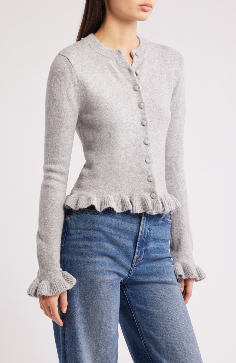 MANGO Fleur Ruffle Cardigan, Alternate, color, Medium Heather Grey