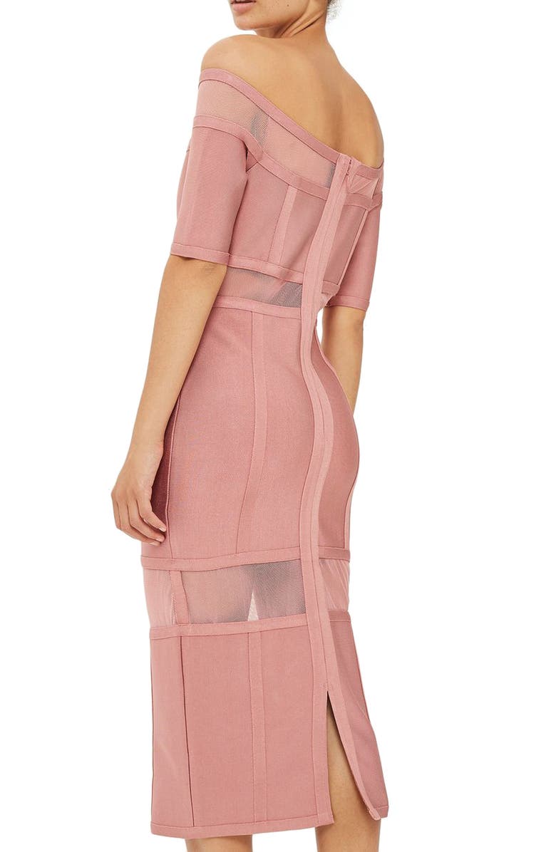 Topshop Sheer Panel Off the Shoulder Body-Con Midi Dress, Alternate, color, 