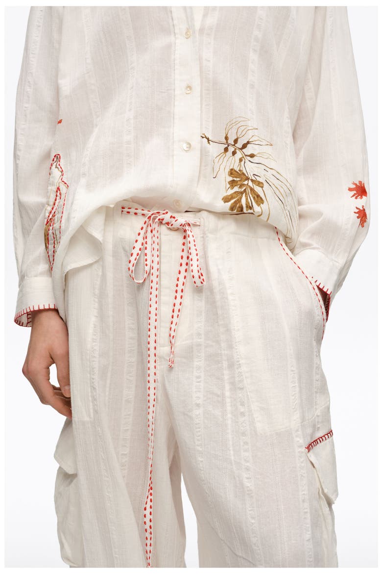 Barrel-Leg Cotton Trousers With Decorative Stitching, Alternate, color, IVORY