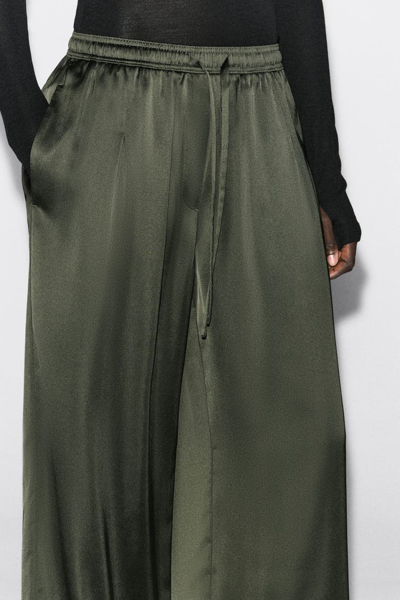 Pleated Satin Drawstring Pants, Alternate, color, KHAKI