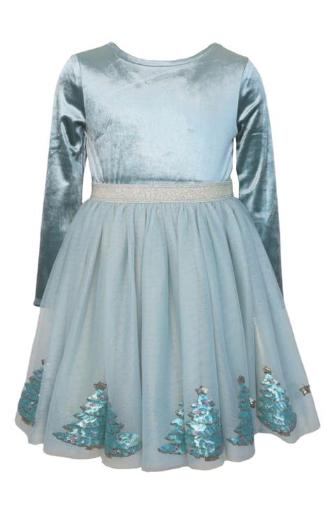 Kids' Long Sleeve Crushed Velvet & Mesh Party Dress (Little Kid & Big Kid)