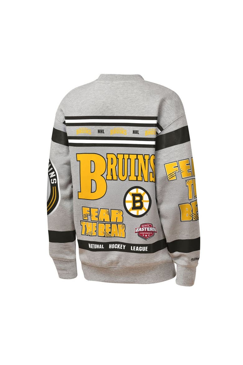 Youth Mitchell & Ness Heather Gray Boston Bruins Allover Print Fleece Crewneck Sweatshirt, Alternate, color, Heather Gray