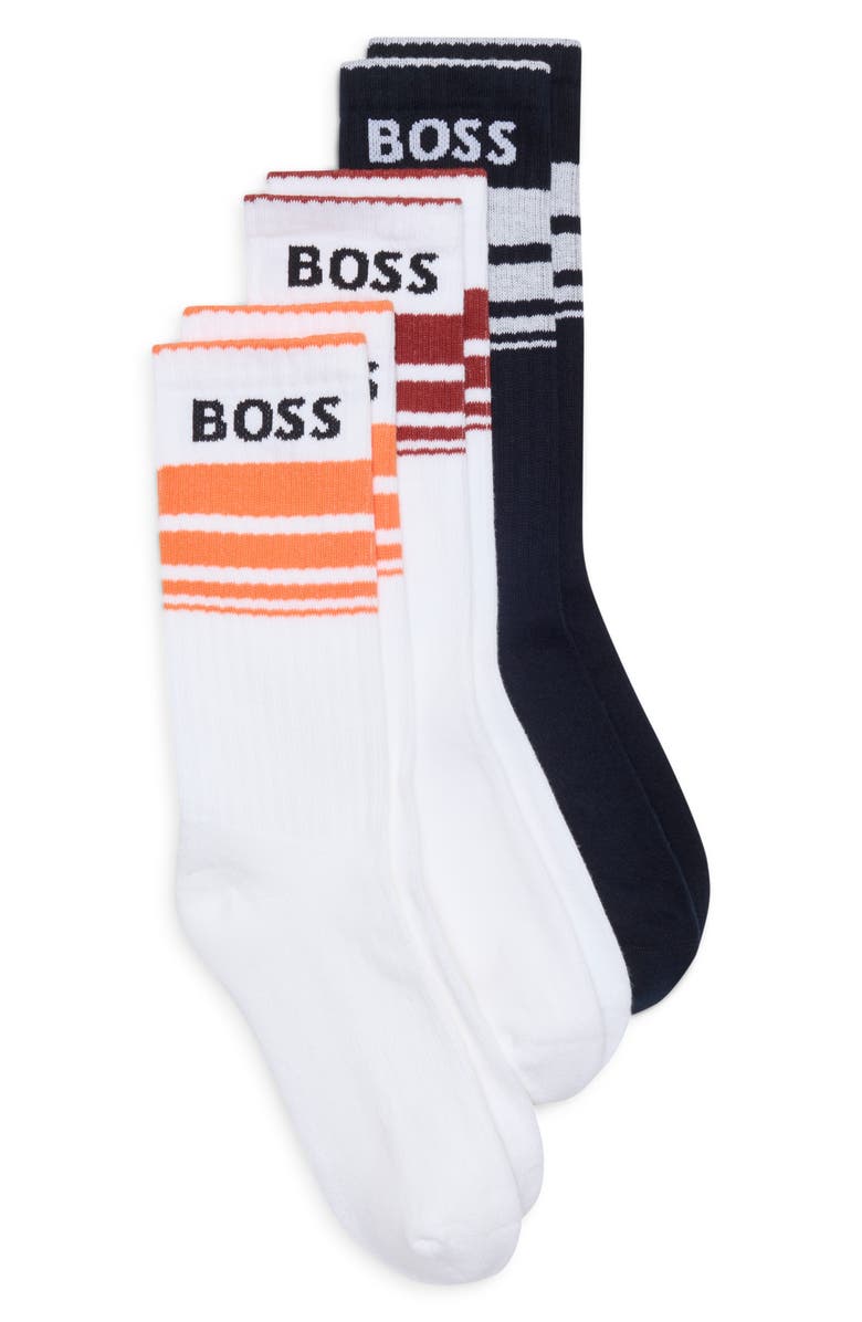 BOSS 3-Pack Logo Stripe Ribbed Crew Socks, Main, color, Open Miscellaneous