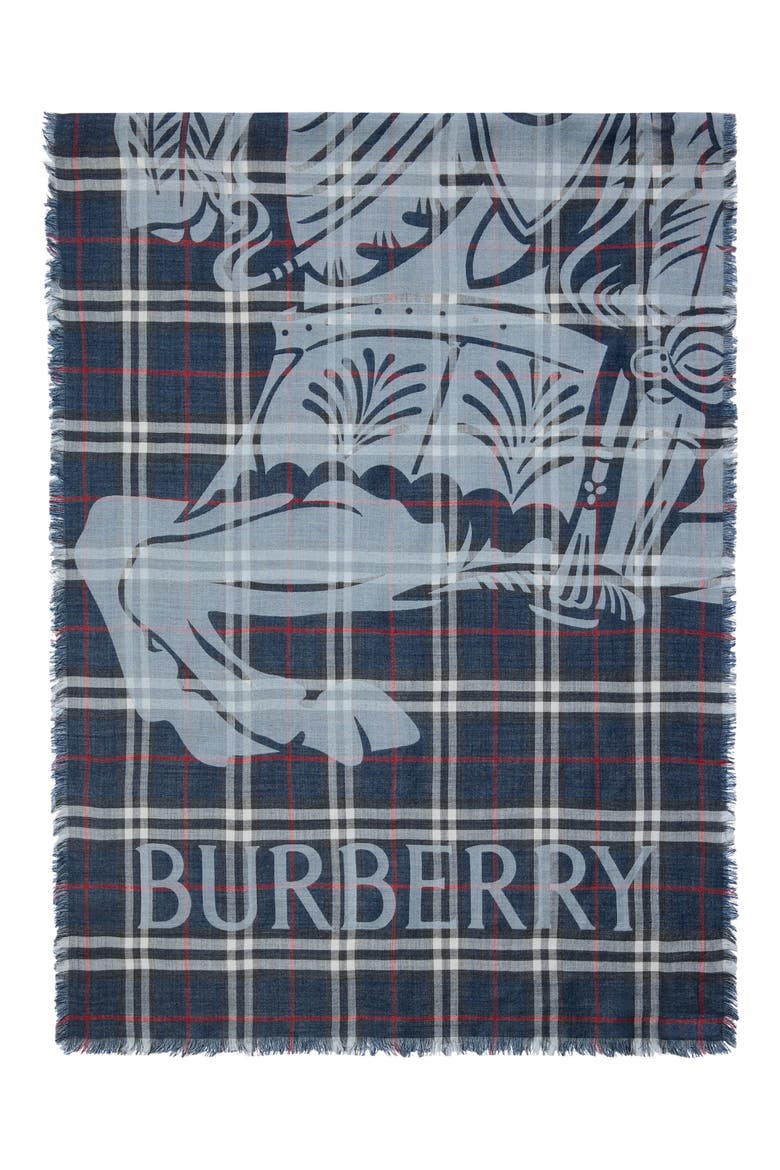 Wide EKD Check Wool & Silk Fringe Scarf, Alternate, color, INK BLUE