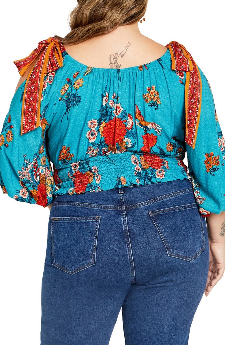 City Chic Venice Floral Print Smocked Waist Crop Top, Alternate, color, 