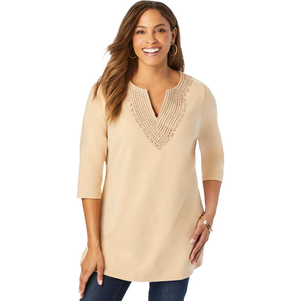 Jessica London Stretch Cotton Notch Neck Tunic In Brown