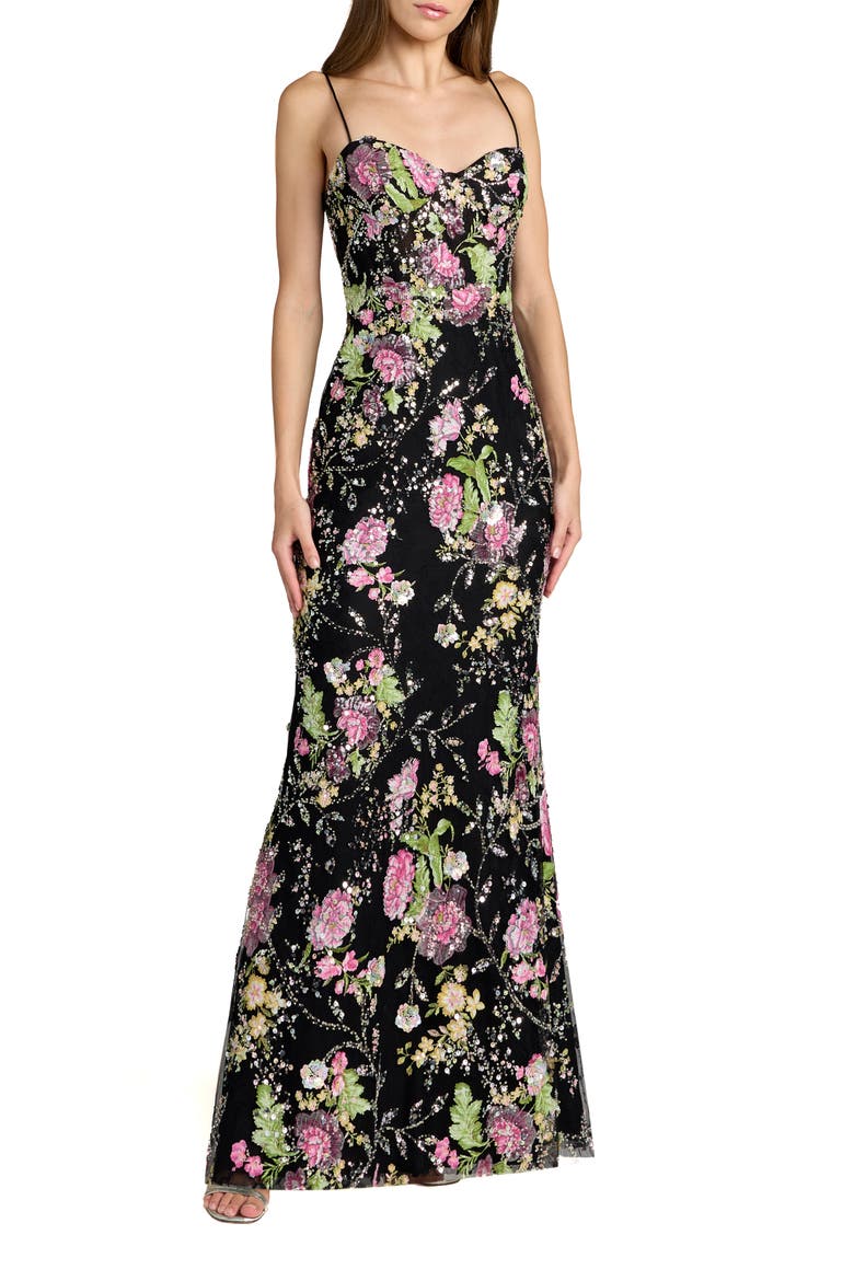 Embellished Bustier Floral Trumpet Gown, Main, color, Black Multi