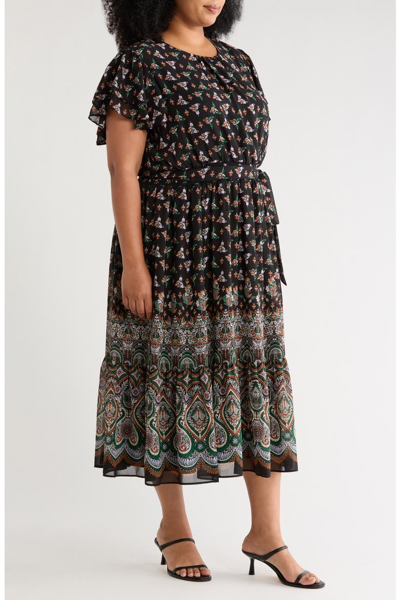 Floral & Paisley Mixe Print Flutter Sleeve Dress, Alternate, color, ALPINE GREEN
