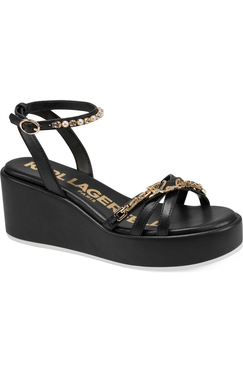 KARL LAGERFELD PARIS Clemons Ankle Strap Wedge Sandal, Main, color, Black