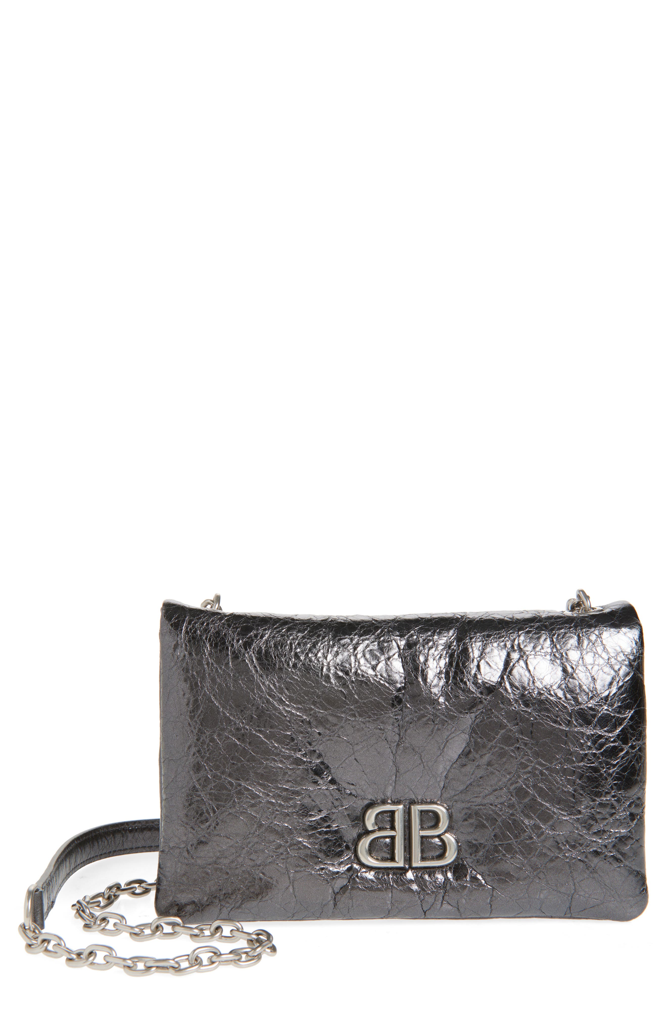 Balenciaga Mini Monaco Crinkle Metallic Leather Crossbody Bag, Main, color, 