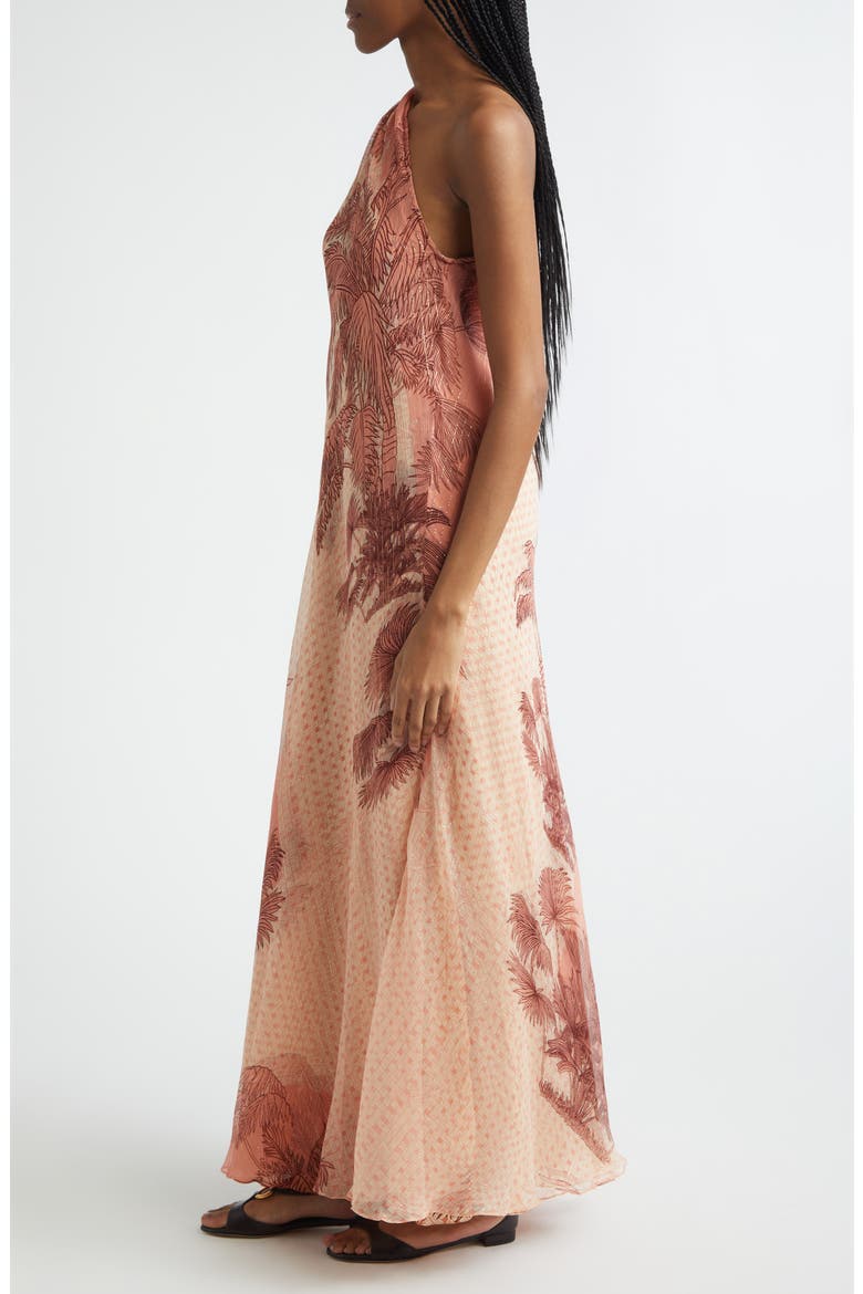 Freedom Palm Print Metallic Silk Crêpe de Chine Maxi Dress, Alternate, color, ECRU / PEACH