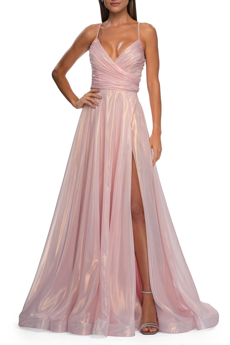 Metallic Chiffon Prom Dress with Flowing Skirt, Alternate, color, Pink
