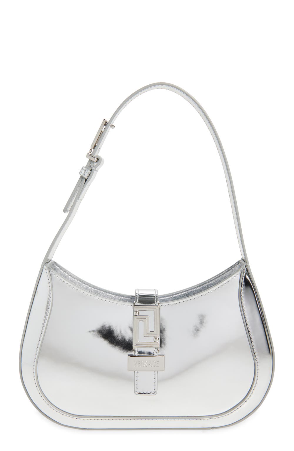 Small Greca Metallic Leather Hobo Bag, color, SILVER PALLADIUM