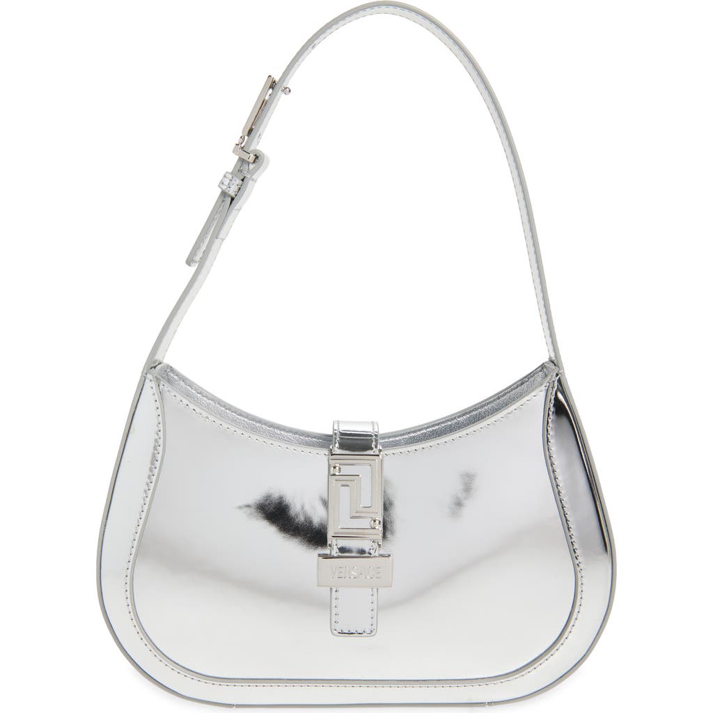 Versace Small Greca Metallic Leather Hobo Bag In Silver