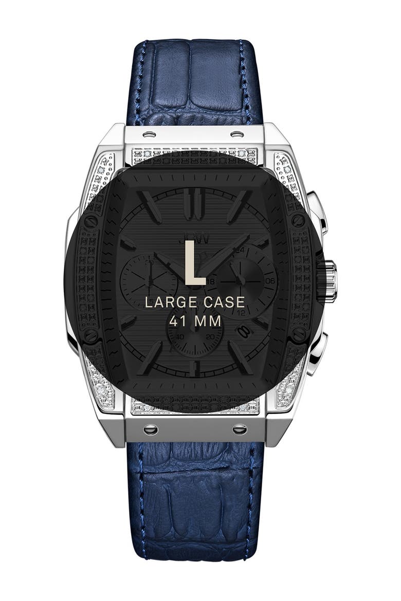 Men's Echelon Diamond Chronograph Croc Embossed Leather Strap Watch, 41mm, Alternate, color, SILVER