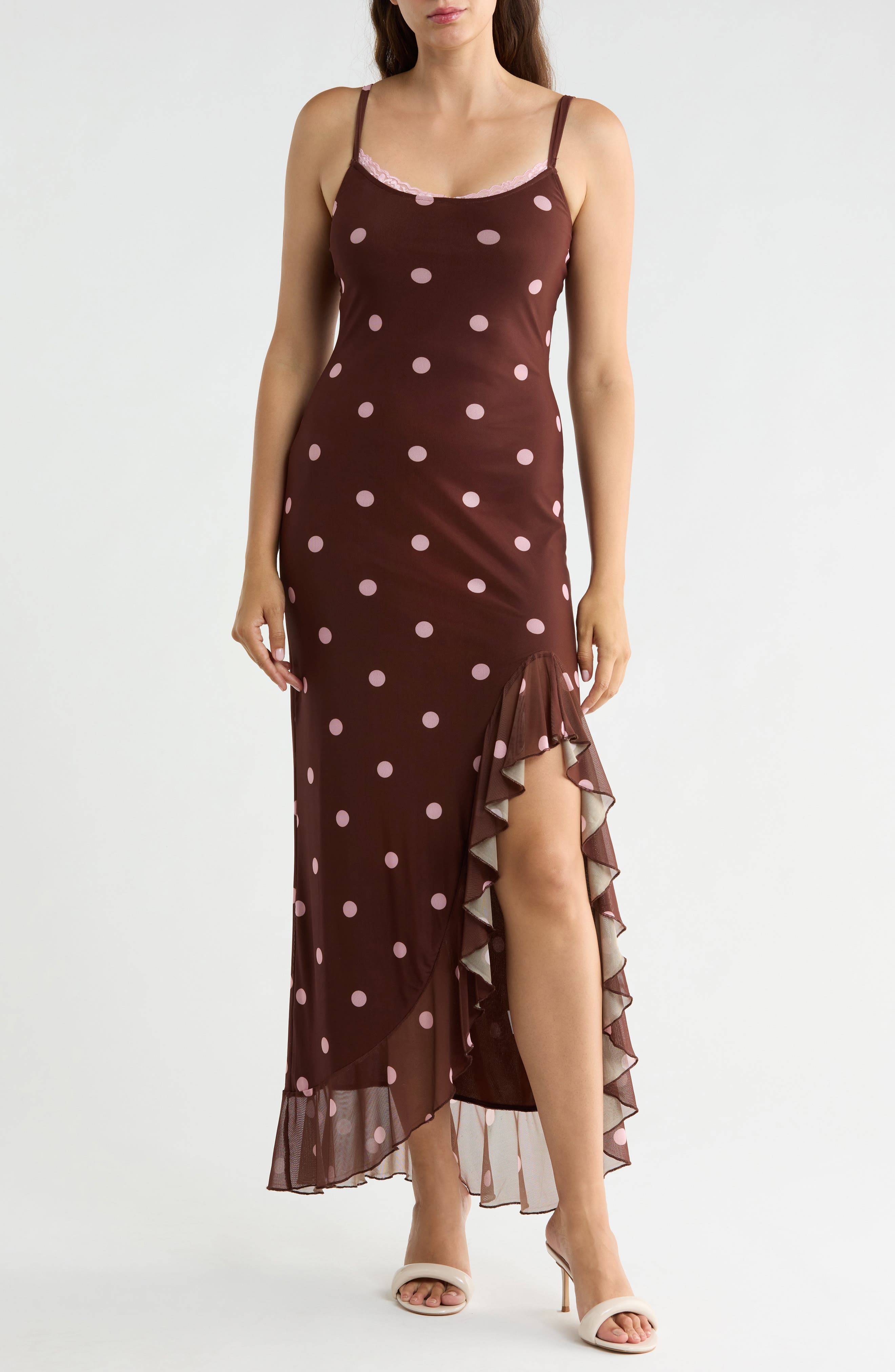 Lace Trim Polka Dot Ruffle Slit High Low Dress