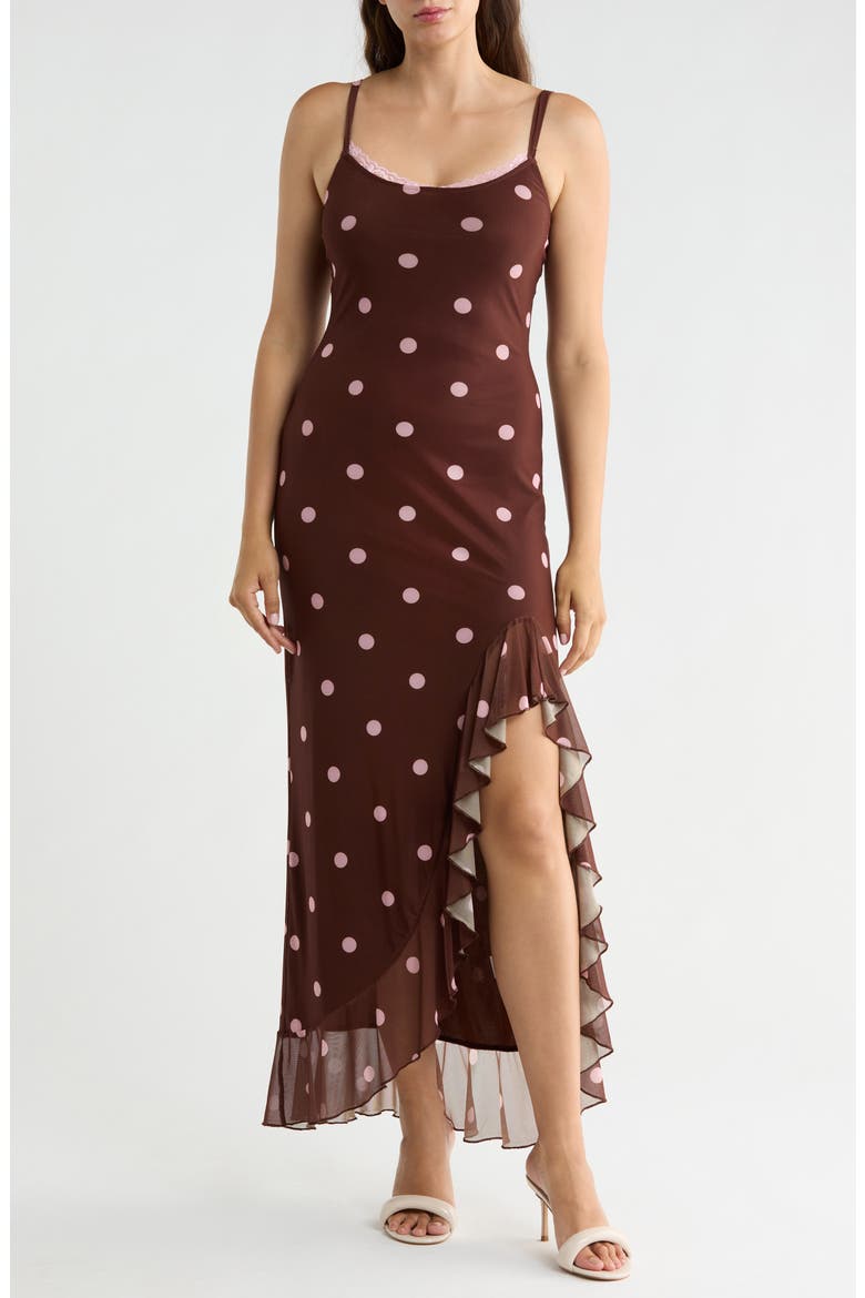 Lace Trim Polka Dot Ruffle Slit High Low Dress, Main, color, BROWN PINK