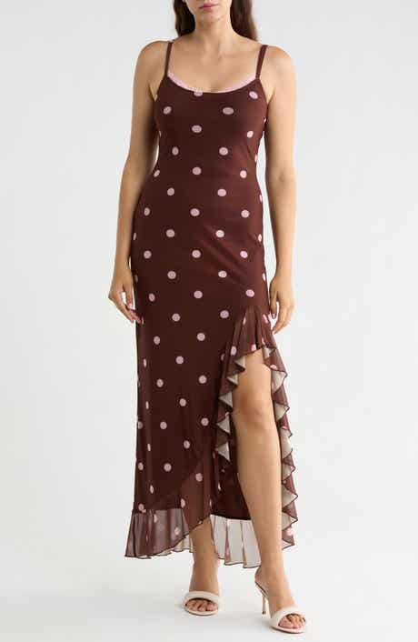 Lace Trim Polka Dot Ruffle Slit High Low Dress