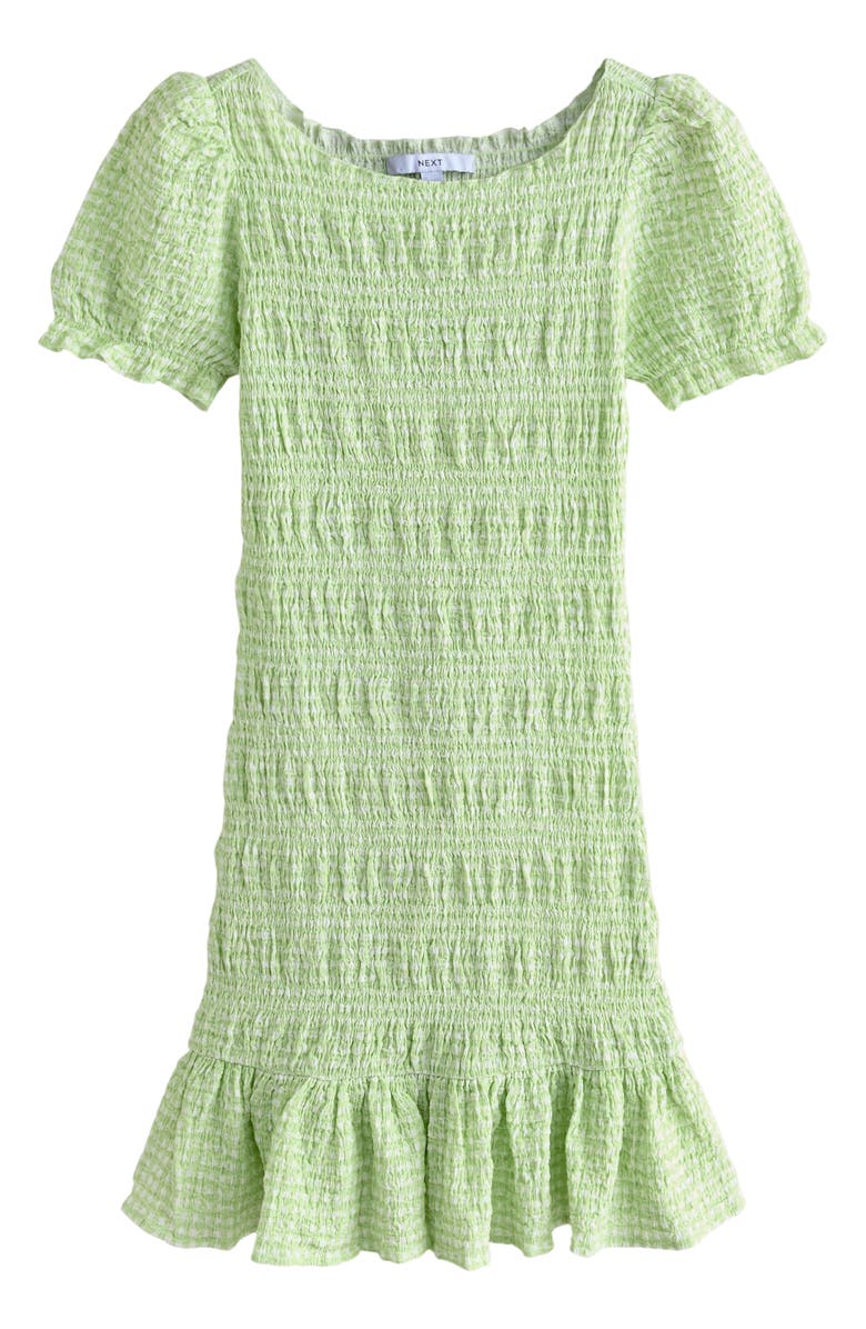 NEXT Shirred Gingham Stretch Cotton Blend Minidress, Alternate, color, Green