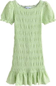 NEXT Shirred Gingham Stretch Cotton Blend Minidress