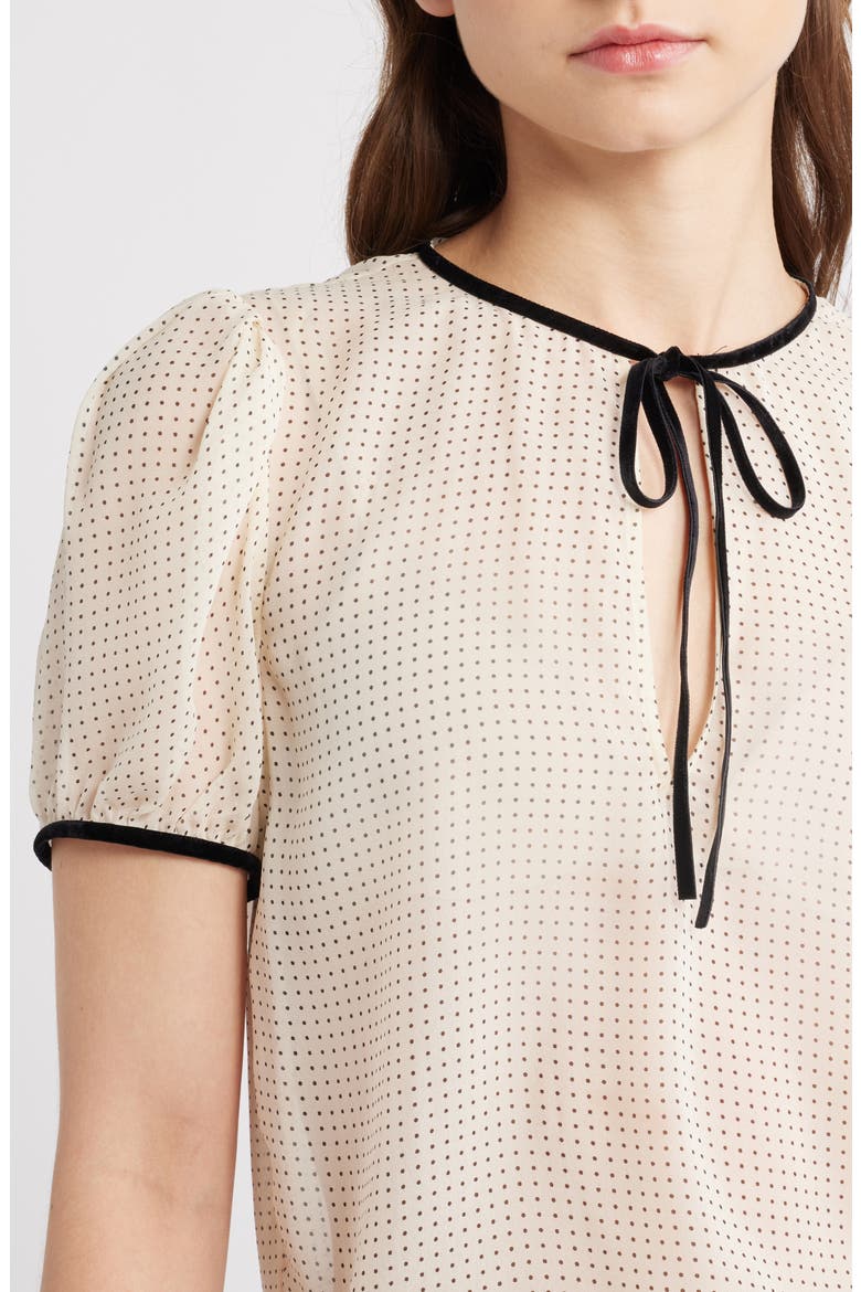 Polka Dot Tie Front Puff Sleeve Semisheer Silk Top, Alternate, color, ECRU MULTI