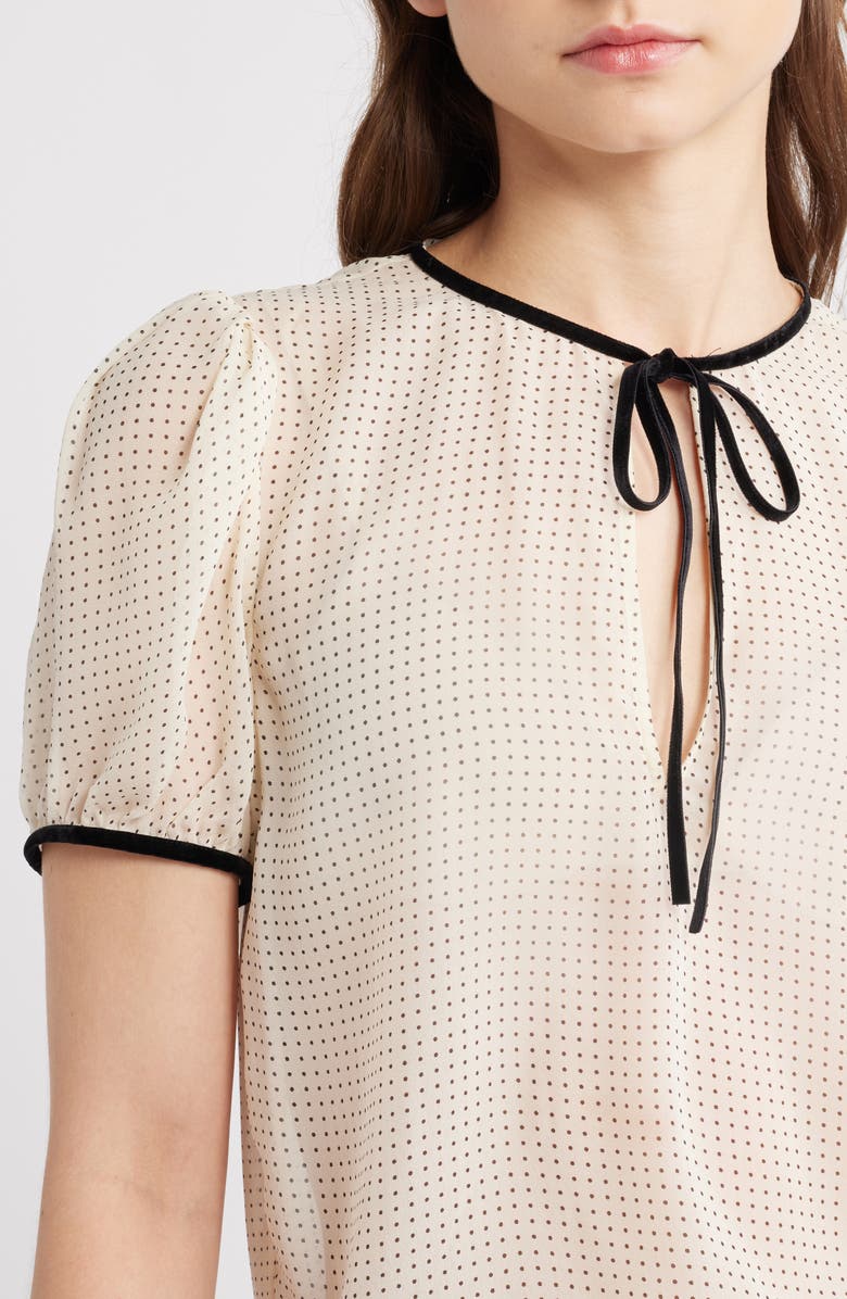 FRAME Polka Dot Tie Front Puff Sleeve Semisheer Silk Top, Alternate, color, Ecru Multi