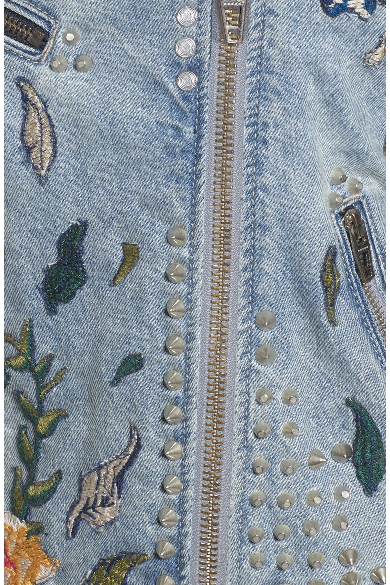Sea of Flowers Studded Denim Moto Jacket, Alternate, color, DENIM BLUE