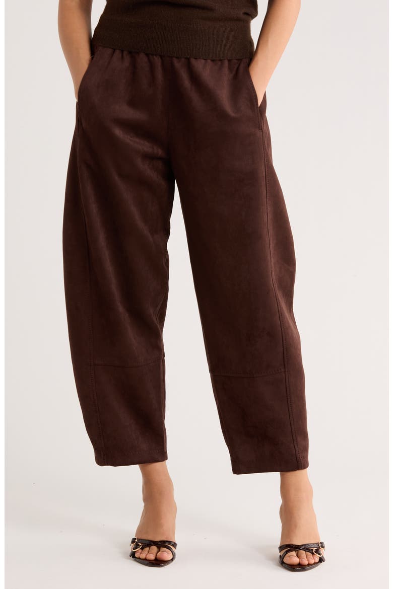 Faux Suede Barrel Pants, Main, color, DARK BROWN