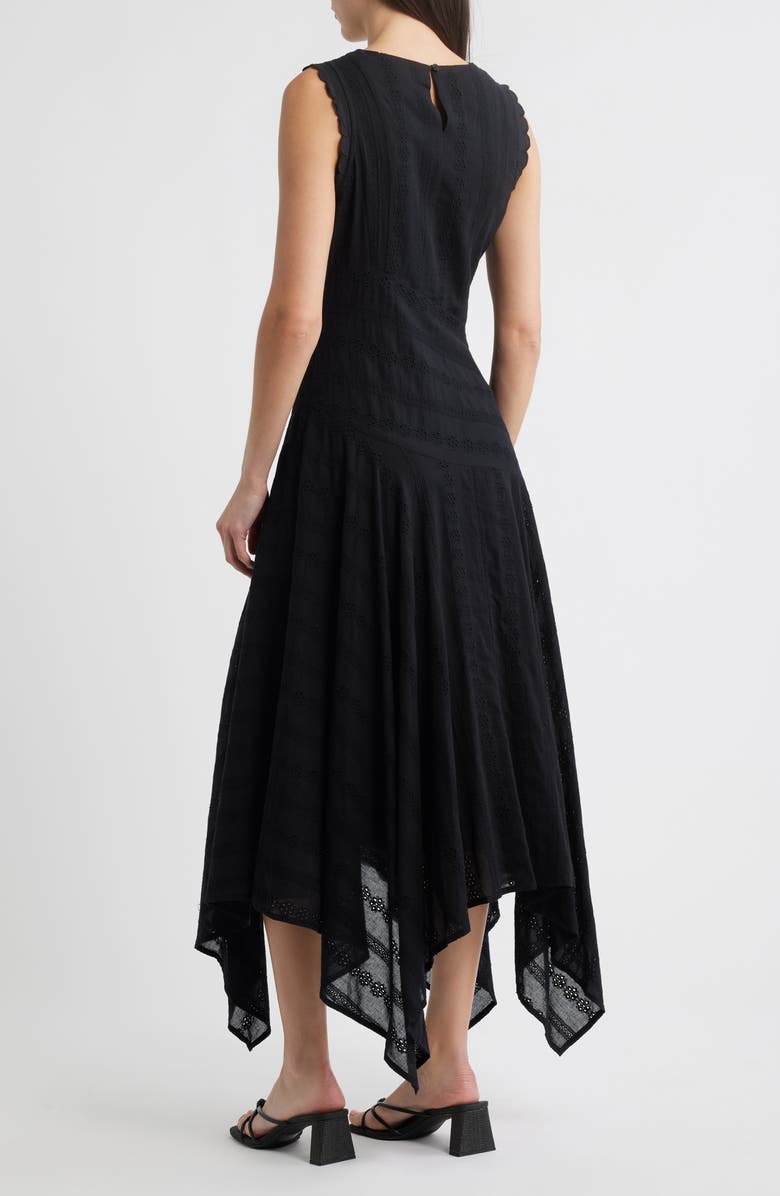 MOON RIVER Eyelet Asymmetric Cotton Midi Dress, Alternate, color, Black