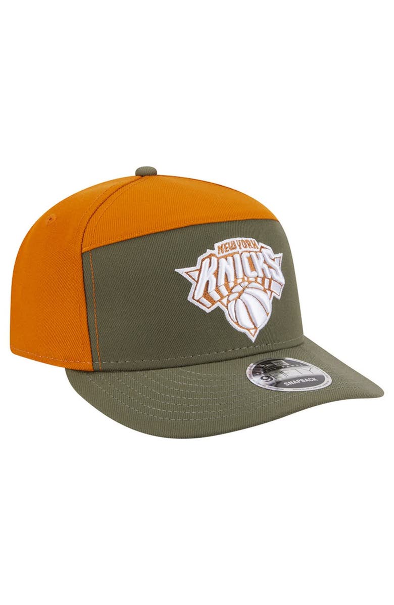 New Era Men's New Era  Olive/Burnt Orange New York Knicks Two-Tone Color Pack Split Panel 9FIFTY Adjustable Hat, Alternate, color, Olive