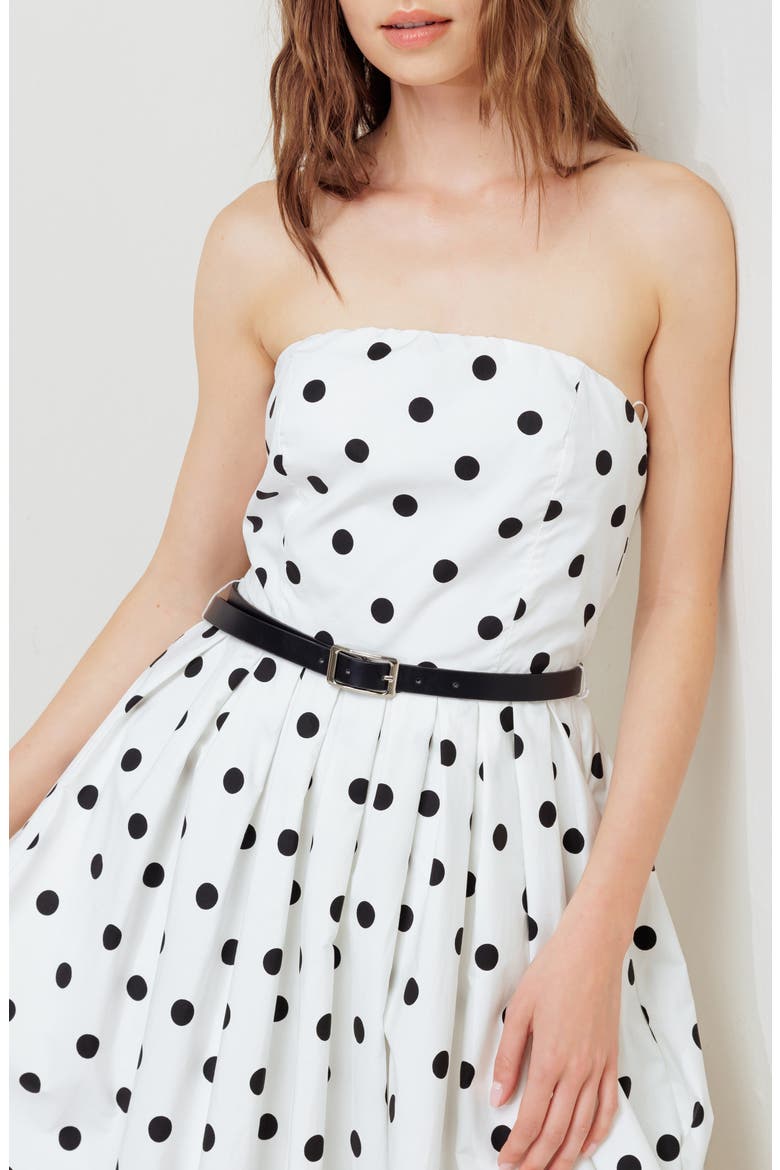 Polka Dot Pleated Strapless Belted Bubble Hem Cotton Midi Dress, Alternate, color, WHITE