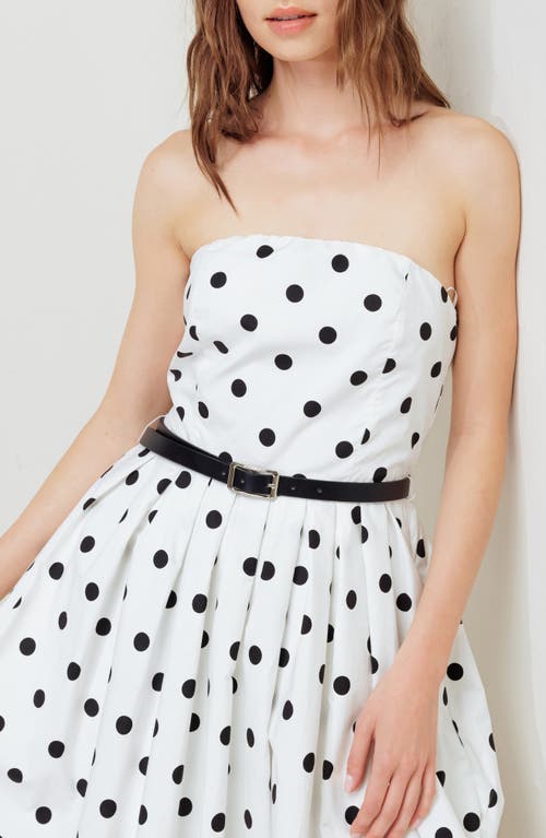Freemarket Polka Dot Pleated Strapless Belted Bubble Hem Cotton Midi Dress In White