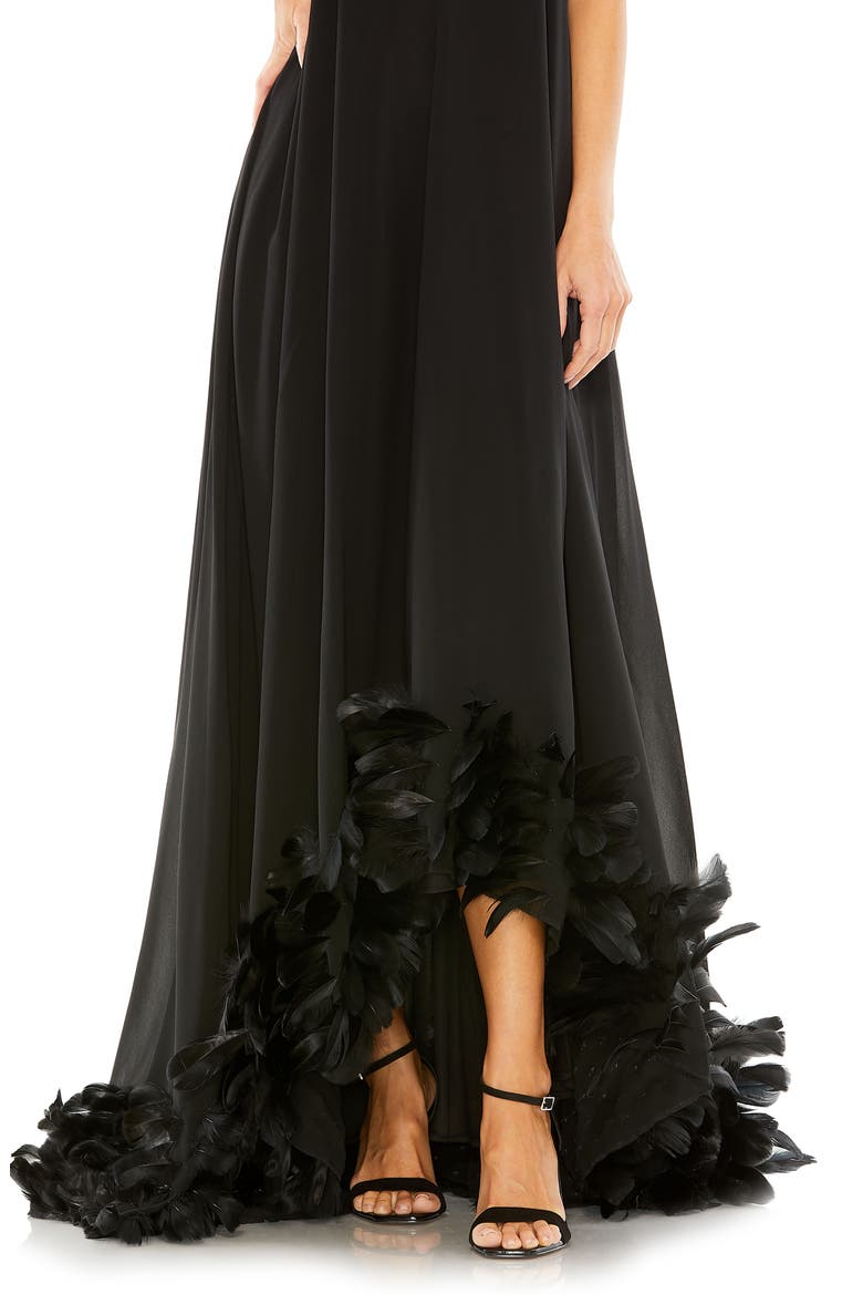 Strapless Feather Hem High Low Gown, Alternate, color, BLACK