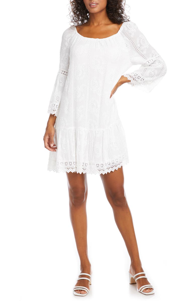 Karen Kane Mixed Lace Trim Long Sleeve Eyelet Shift Dress, Main, color, 