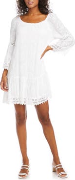 Karen Kane Mixed Lace Trim Long Sleeve Eyelet Shift Dress