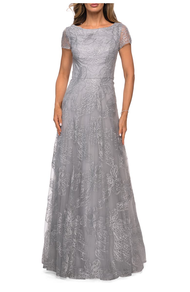 La Femme Sequin Lace A-line Gown with Sheer Short Sleeves, Main, color, Silver