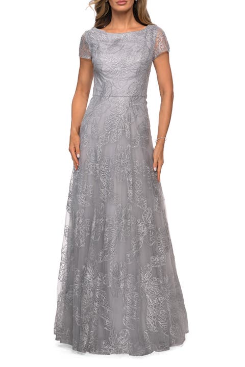 Sequin Lace A-line Gown with Sheer Short Sleeves