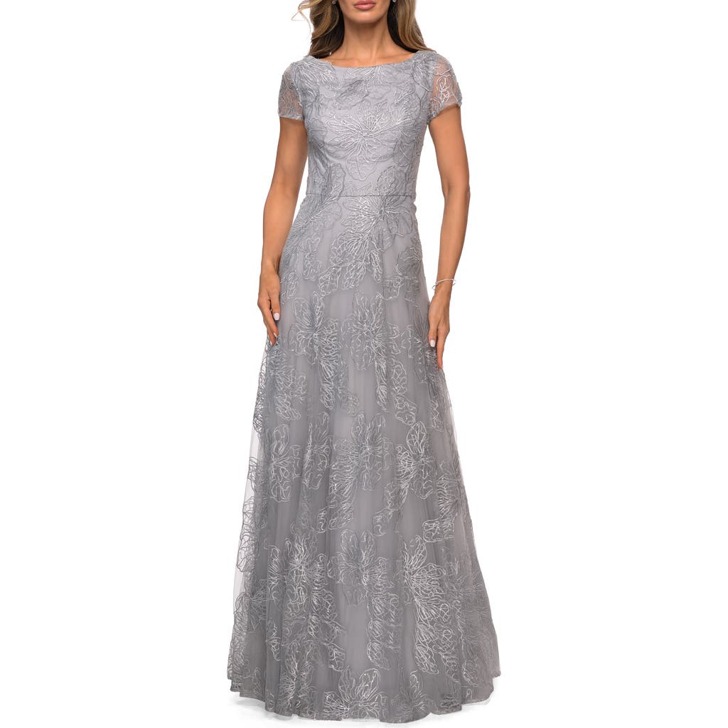 Shop La Femme Sequin Lace A-line Gown With Sheer Short Sleeves In Silver
