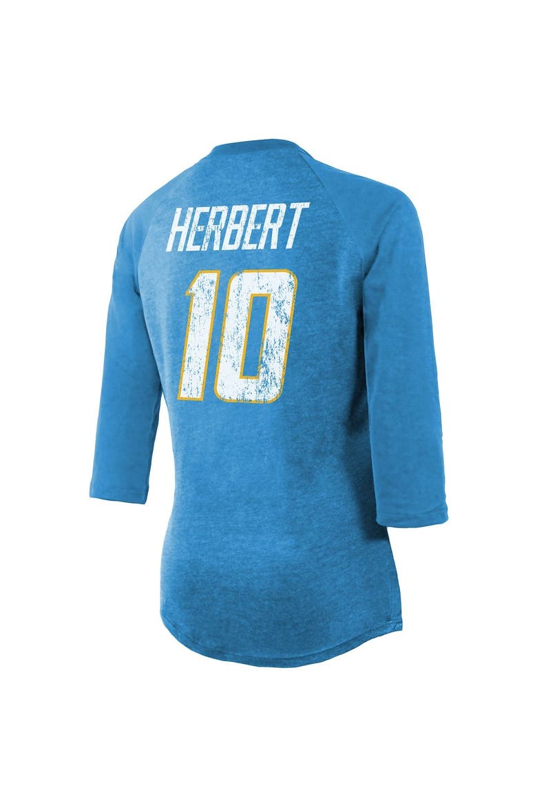 Women's Majestic Threads Justin Herbert Powder Blue Los Angeles Chargers Player Name & Number Tri-Blend 3/4-Sleeve Fitted T-Shirt, Main, color, POWDER BLUE