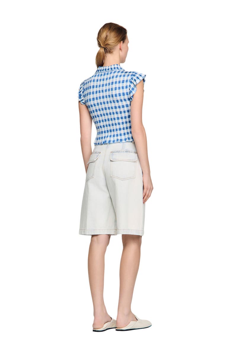 SANDRO Check smocked T-shirt, Alternate, color, Blu / White