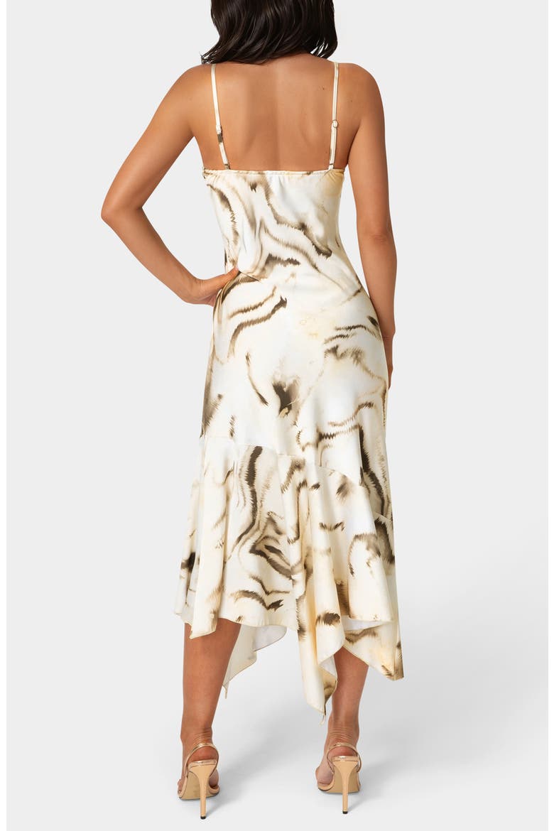 Print Satin Handkerchief Midi Dress, Alternate, color, TAN MULTI
