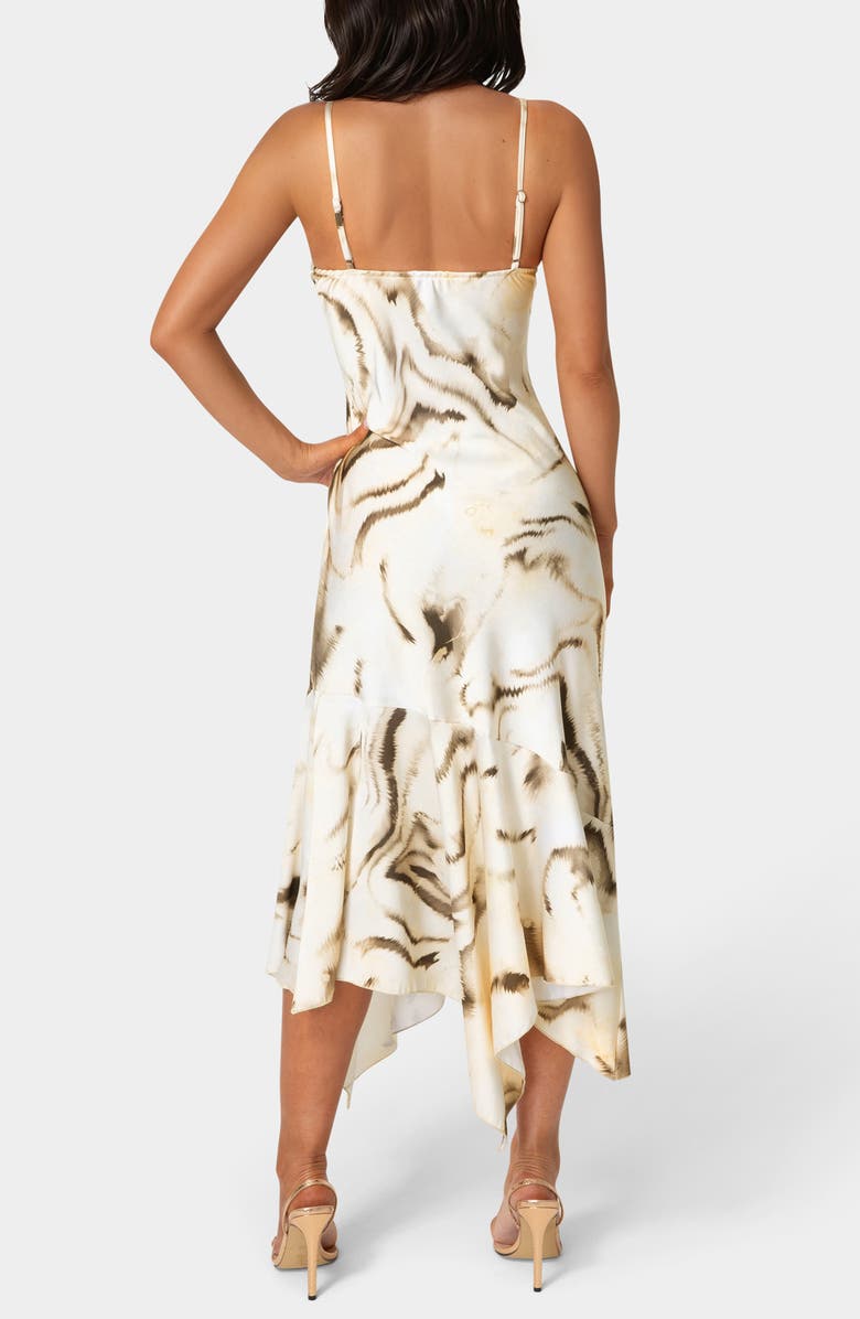 bebe Print Satin Handkerchief Midi Dress, Alternate, color, Tan Multi