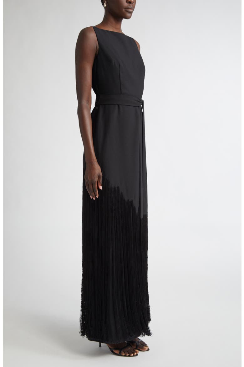 Audrey Fringe Sleeveless Belted Gown, Alternate, color, BLACK