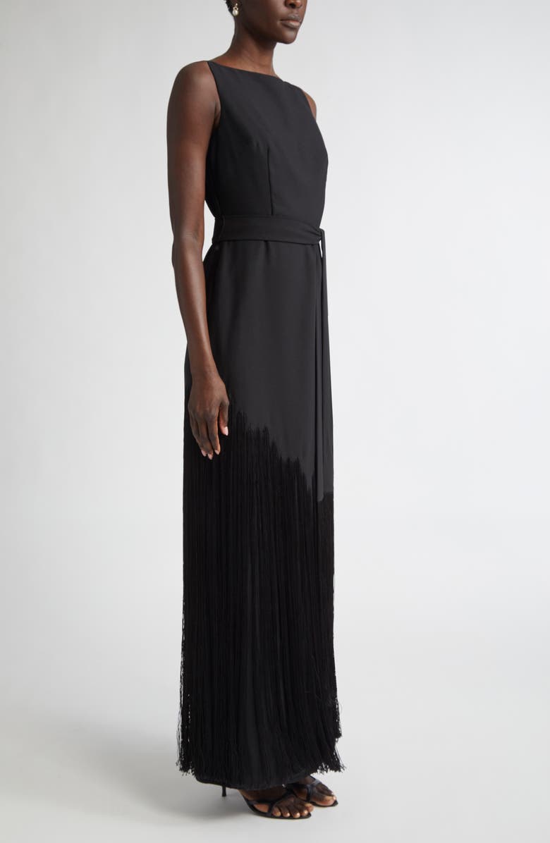 ST. JOHN Audrey Fringe Sleeveless Belted Gown, Alternate, color, Black