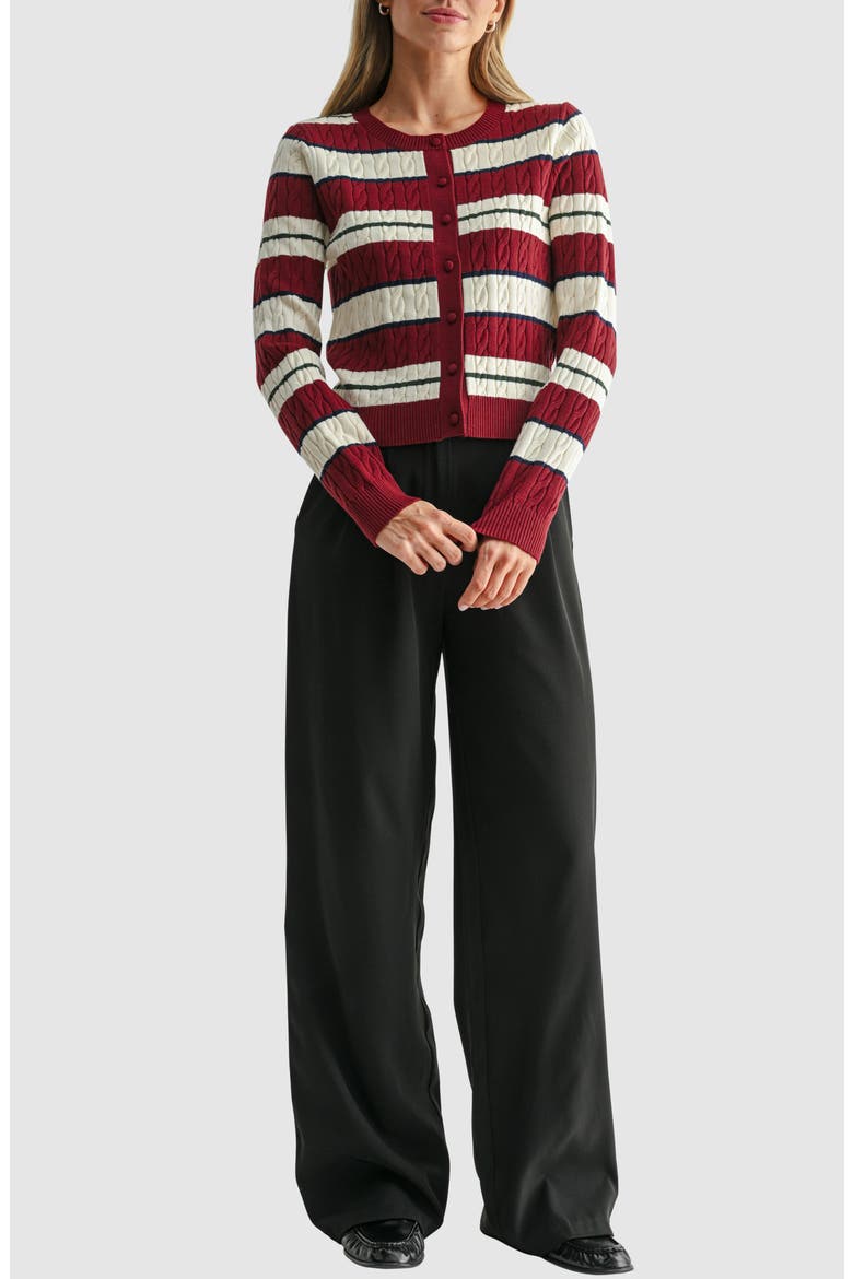 Striped Cable Knit Cardigan, Alternate, color, BURGUNDY CREAM STRIPE