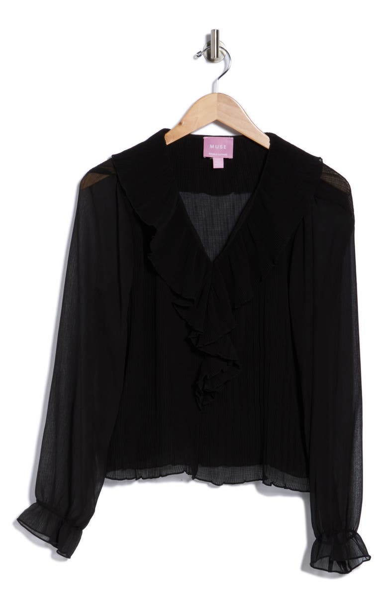 Muse Three Quarter Sleeve Ruffle Top, Alternate, color, Black