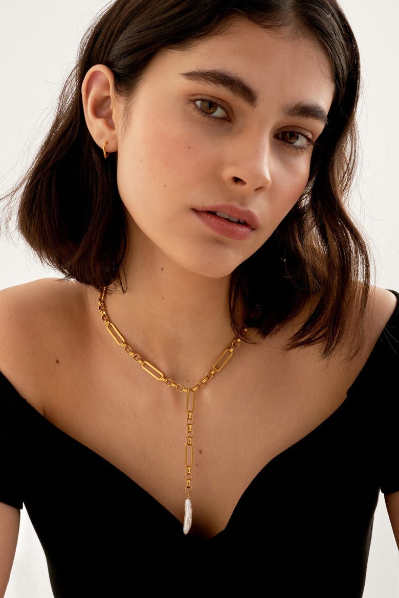 Allure Waterproof Gold Pearl Lariat Necklace, Alternate, color, Gold